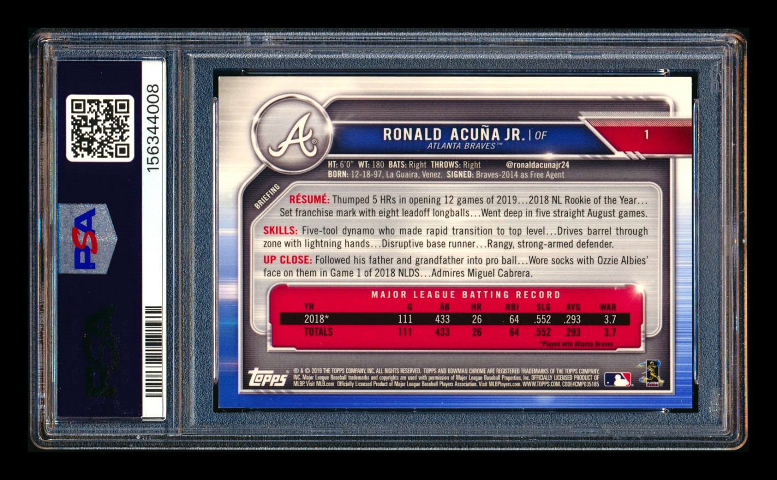 2019 BOWMAN CHROME RONALD ACUNA JR GOLD REFRACTOR 2ND YEAR #29/50 PSA 9 MINT! view 2