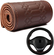 Car Steering Wheel Cover Universal Fit Round Stitch Steering Wheel Wrap Coffee