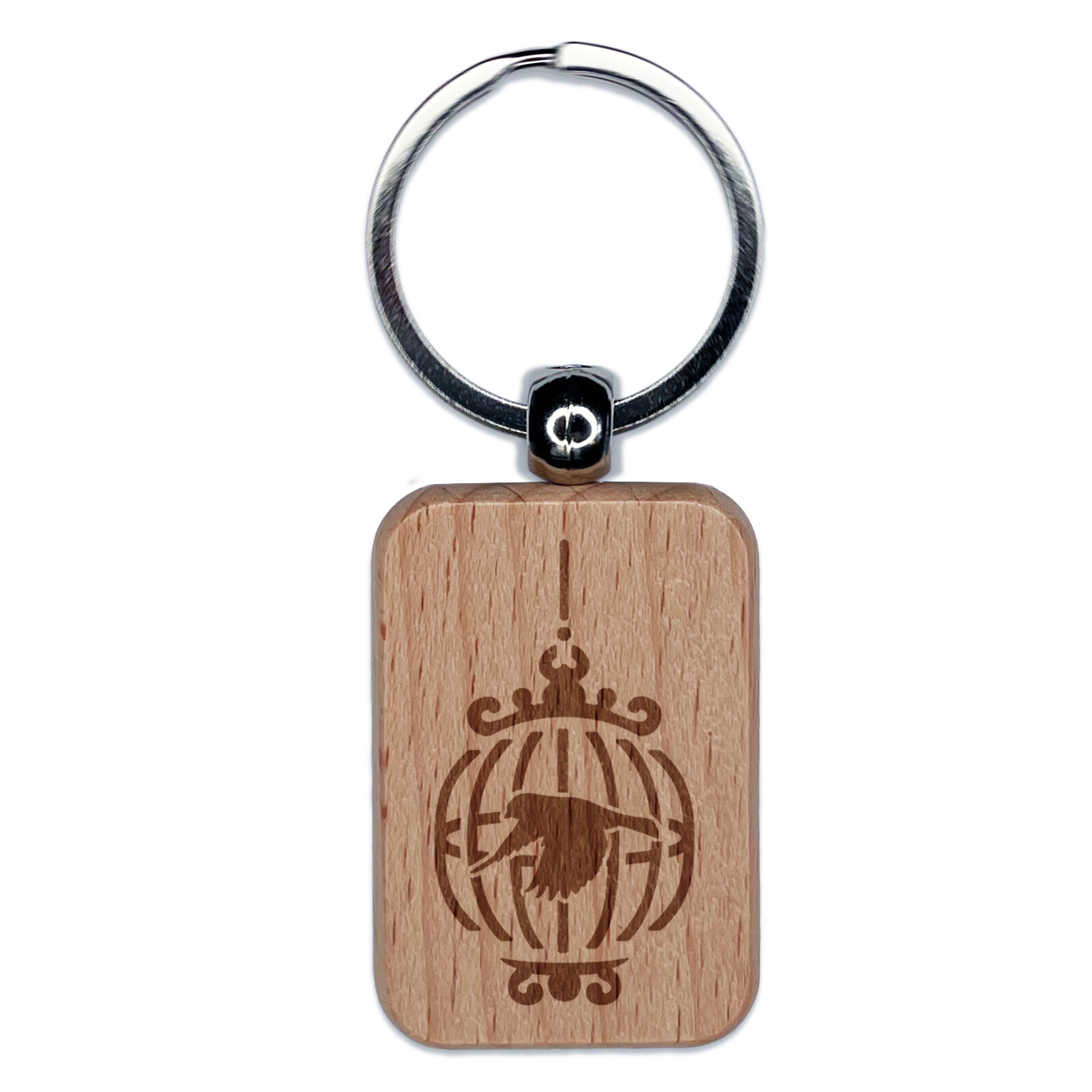 Finch in a Bird Cage Engraved Wood Rectangle Keychain Tag Charm