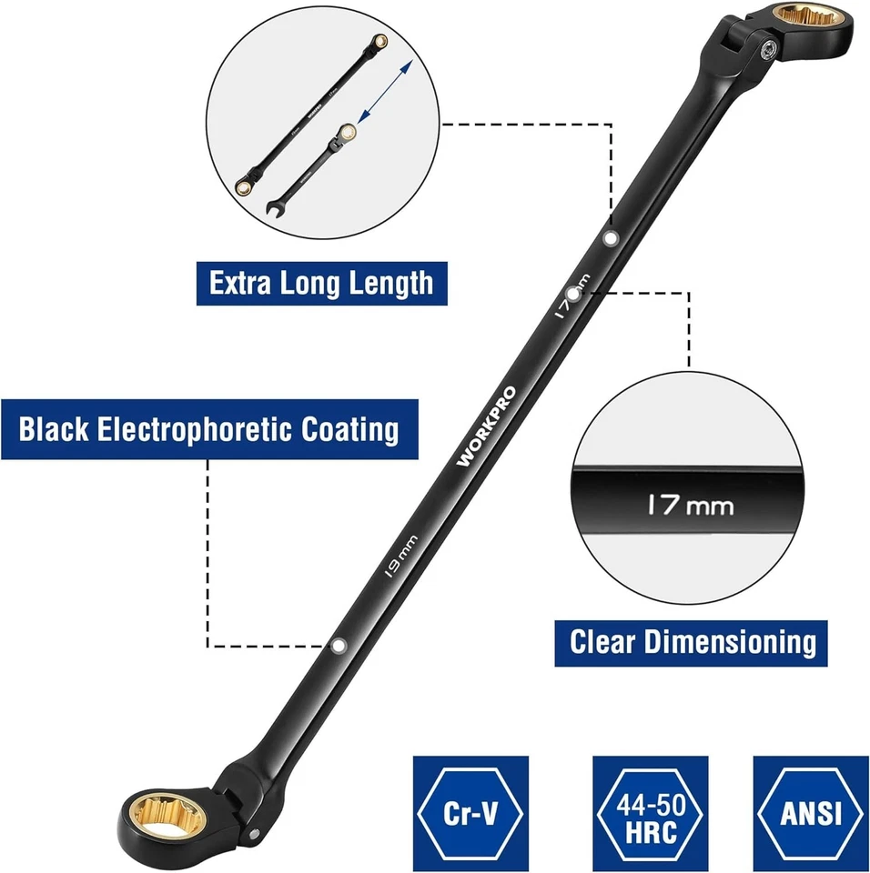 Juego de llaves de trinquete de cabeza flexible extra largas WORKPRO 5 piezas antideslizantes con bolsa NUEVO Foto 3 de 4