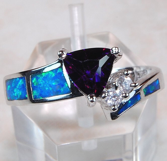 1CT Amethyst & Australian Opal Inlay 925 Sterling Silver Ring Jewelry Sz 7 BA2