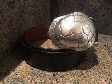 RARE Huge Kieselstein Cord Silver Turtle Buckle W/Black Alligator Belt Size 1