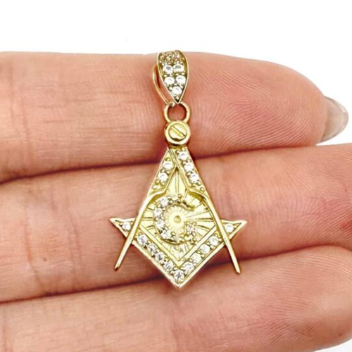 Men's 10k Yellow Gold Freemason Ring With Blue CZ Stone - Square & Compass Masonic Symbol Size 7.5
