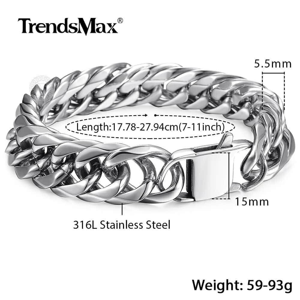 15mm Wide Silver Stainless Steel Cuban Link Bracelet - Men's Rombo Chain Jewelry - View #10
