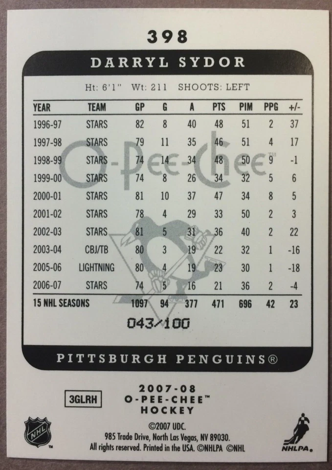 2007-08 O-Pee-Chee Black Parallel #398 Darryl Sydor Pittsburgh Penguins 043/100 - Image 2 of 2