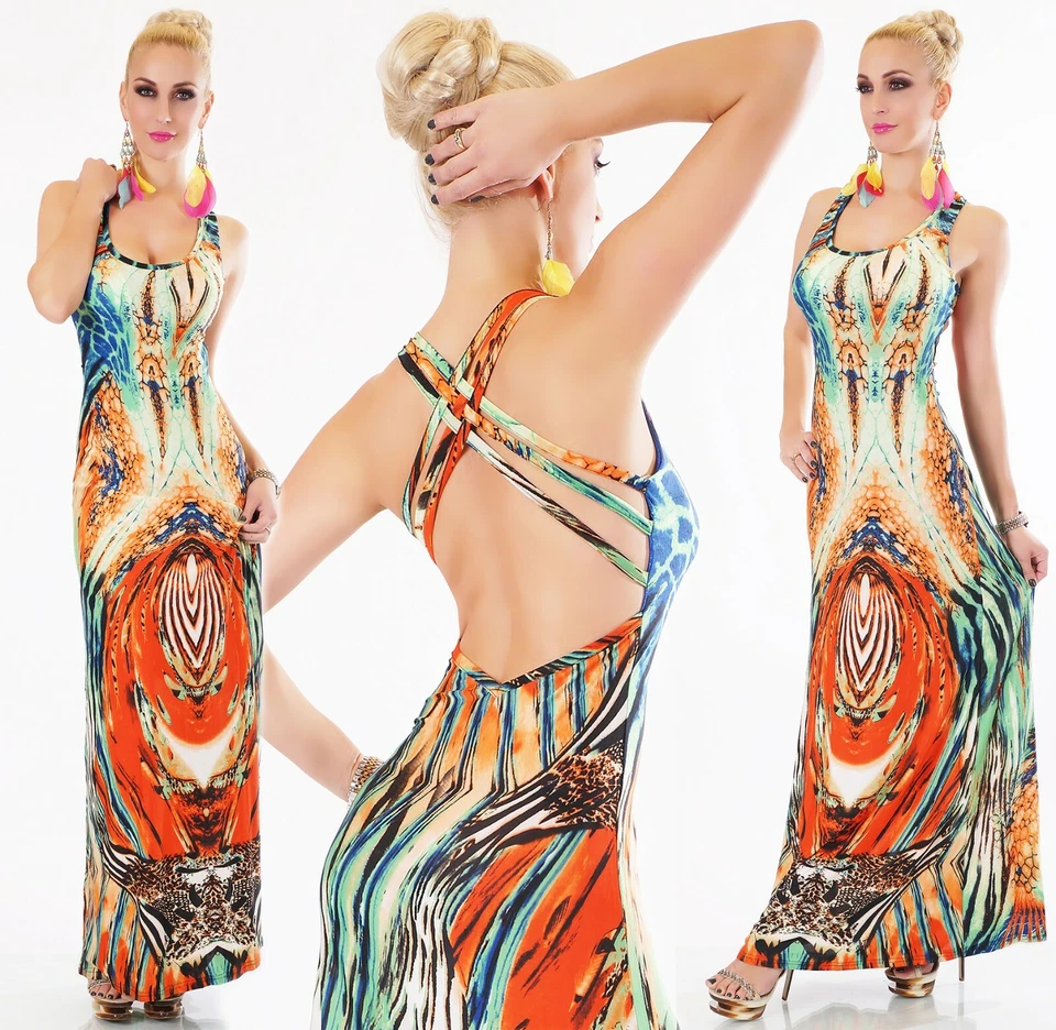 Damen Maxi Kleid Lang Sexy Rücken Sommer Strand Bodenlang Bedruckt 34-38 - Bild 3 von 4