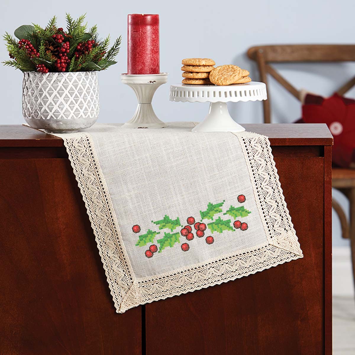 Herrschners&reg; Winter Holly & Berries Lace Trim Table Runner Stamped Cross-Stitch