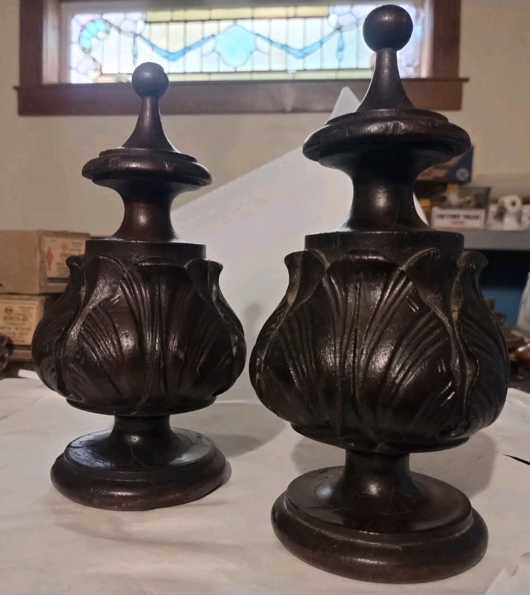 2 Spectacular Ornate Vtg Antique Wood Wooden Newel Post Cap Finials