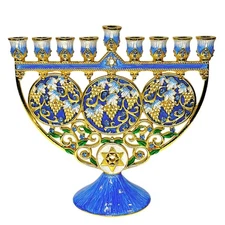 Blue and Gold Enamel Menorah Ornate Jeweled Menorah Hanukkah Gift Chanukah 7"