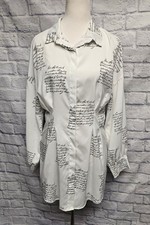 WOMENS L WHITE BLACK BUTTON FRONT PLEAT CINCHED L/S SCRIPT GRAPHIC SHIRT DRESS