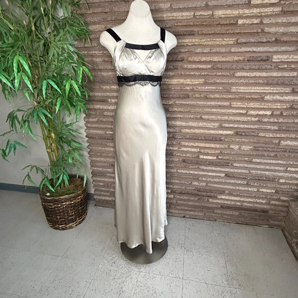 Maxi Vestido Formal Dina Bar-El Champagne 100% Seda Satén Sin Mangas Borde Negro Talla M Foto 2 de 4