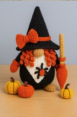 Strickmuster nur - Halloween Gonk 15 cm, Besen 8 cm und Kürbisse 5 cm