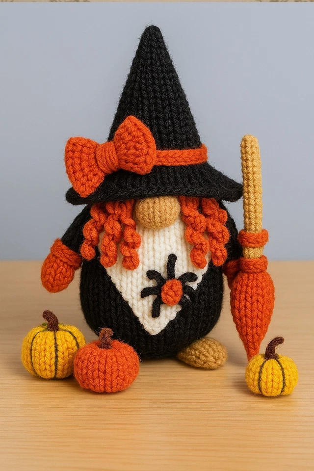 KING COLE Knitting Knitted Pattern Only - Halloween Gonk 15cm, Broom 8cm and Pumpkins 5cm