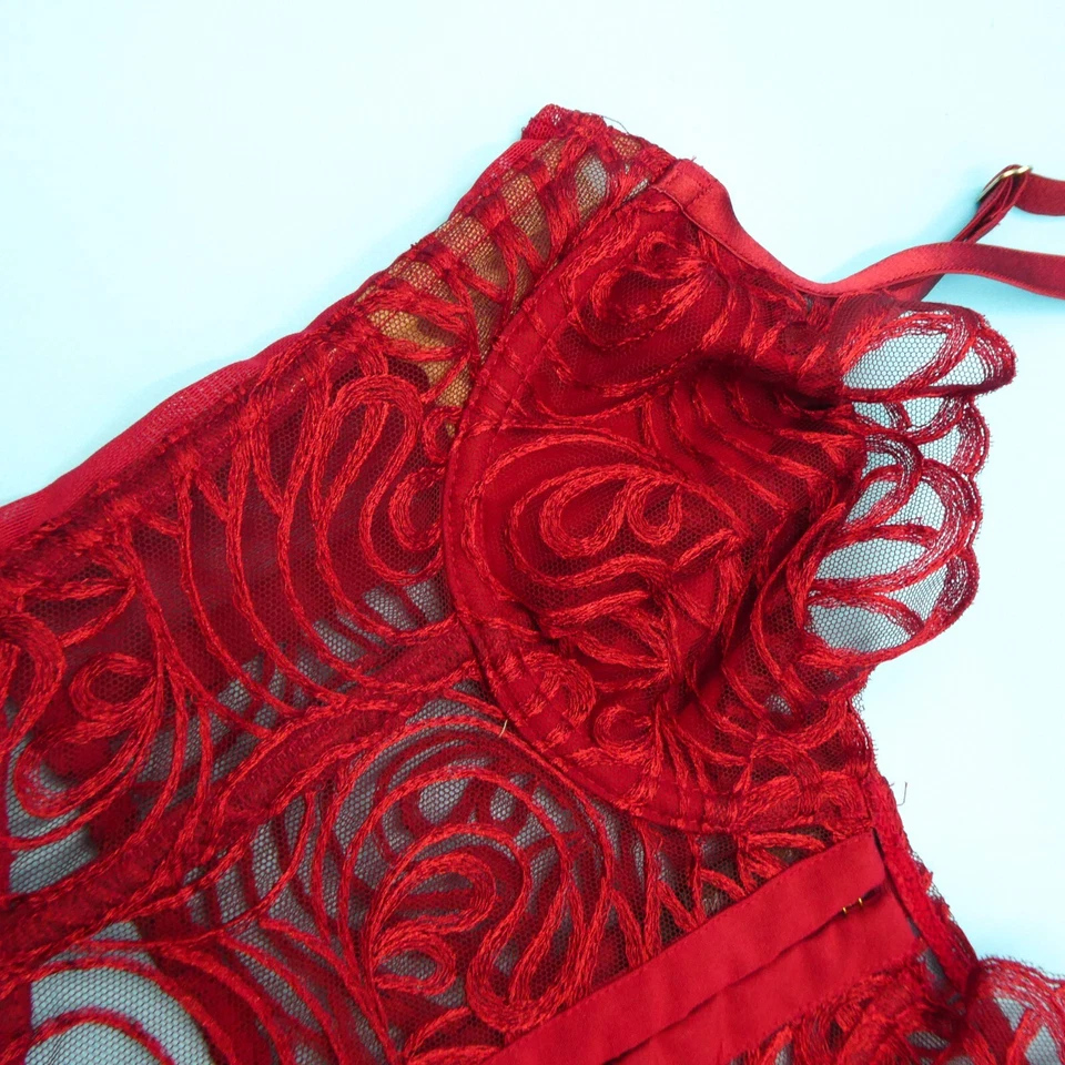 For Love & Lemons XS After Dark Bustier Lencería Rojo Encaje Sujetador con Aros Corsé Foto 3 de 4
