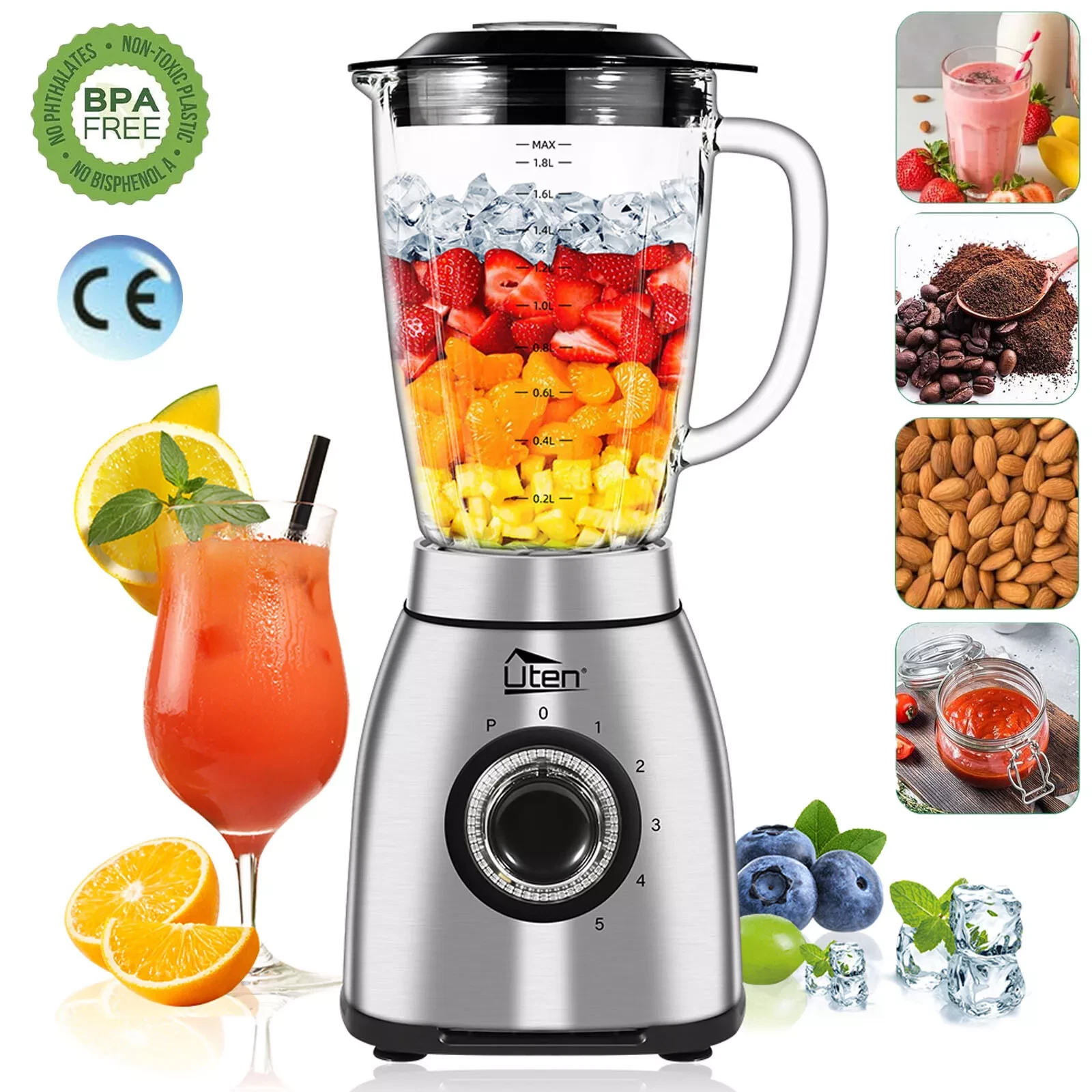 Uten 1.8L Blender Glass 5 Speed Kitchen 800w Stainless Steel Mixer Ice Food New
Opens in a new windo