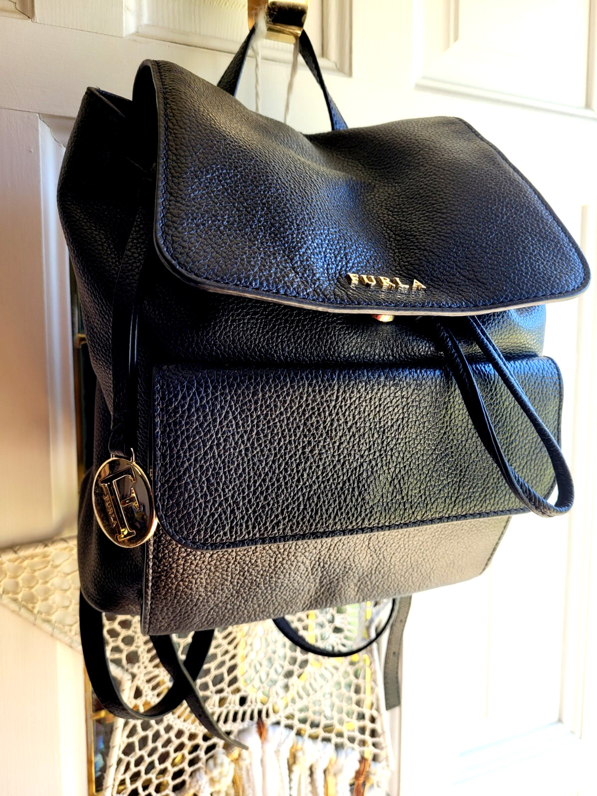 Furla Black Leather Backpack Drawstring Flap Butt… - image 9