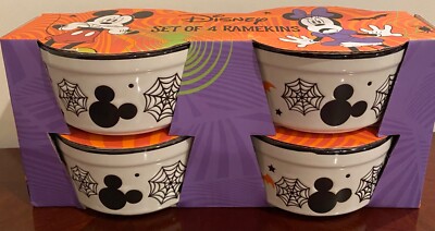 Disney Mickey Mouse Halloween Spiderwebs bats Set Of 4 Baking Ramekins White NIP