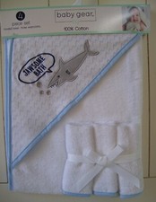 Boys Baby Gear 4 Pc 100 Cotton Shark Jawsome Bath Hooded Towel  3 Washcloths