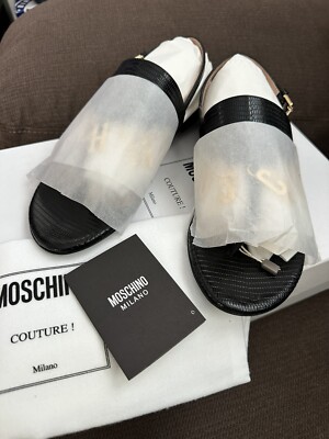 NwB Moschino toe logo strap sandals Black Gold toned 36/6 US  display picture 3