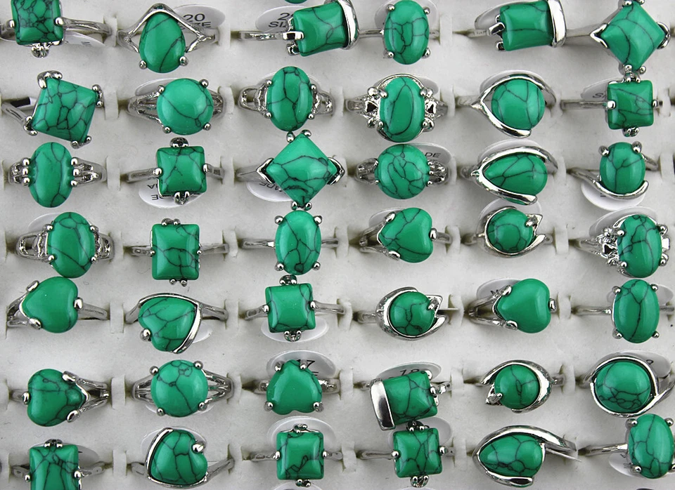 Venta al por mayor lotes mixtos 35 piezas anillos de mujer piedra natural verde joyería anillo P de plata Foto 2 de 4