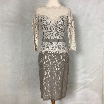 tadashi shoji two tone lace dress Tadashi Shoji Ivory & Gray Beige ¾ Sleeve Lace Dress With Grosgrain Ribbon  Belt