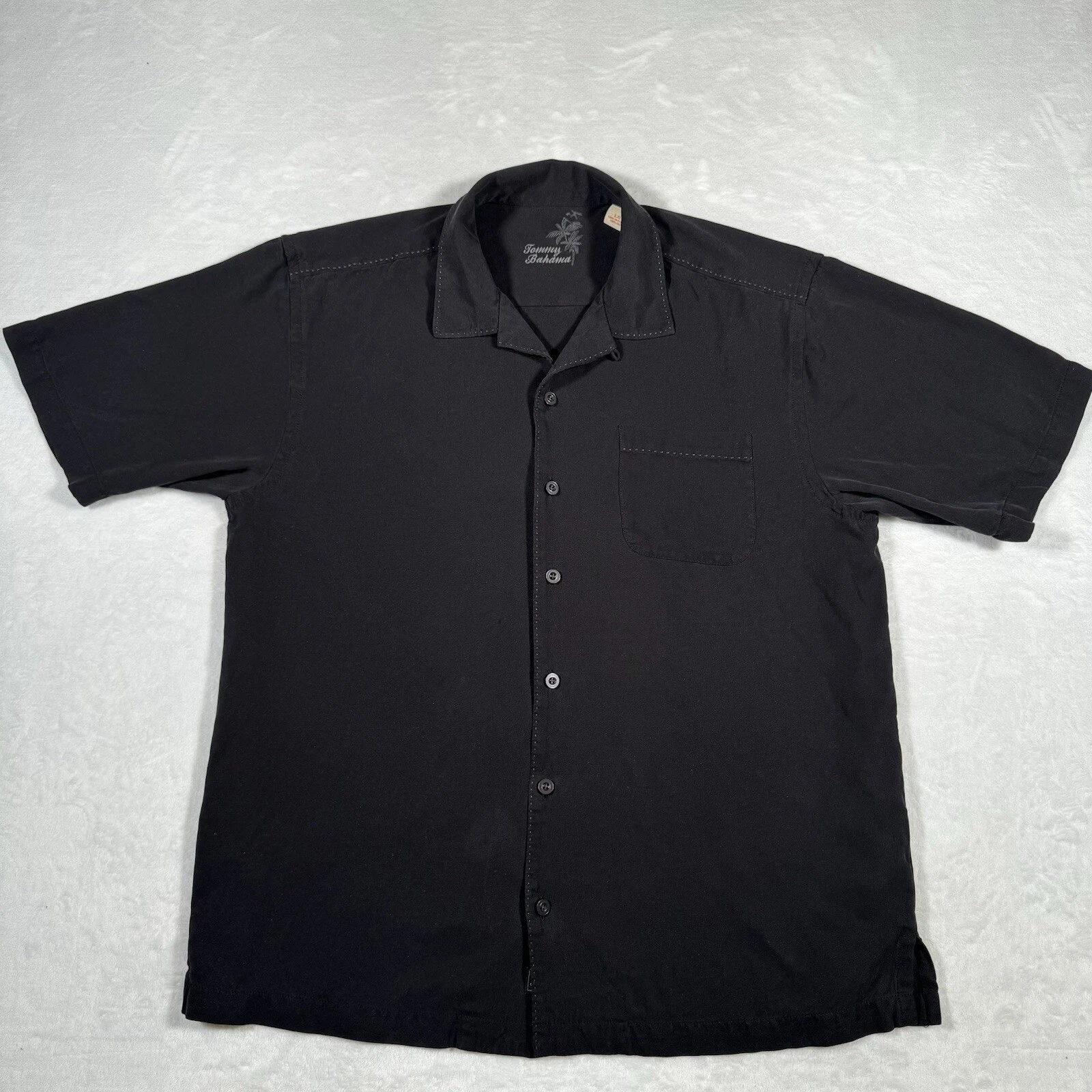 Tommy Bahama Shirt Black Button Up Silk Short Sleeve Pocket Embroidered Size L