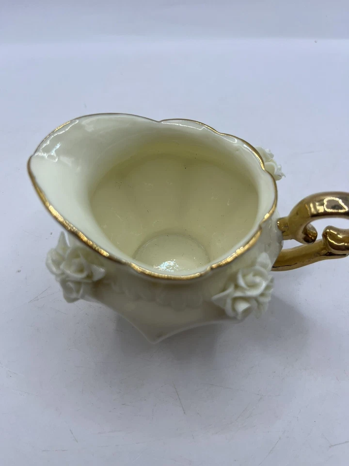 Vintage Cream And Gold Gilded Small Milk Creamer With 3D Applied Roses Floral - Image 2 of 4