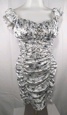 prettylittlething Womens  White Floral Satin Ruched Bardot Bodycon Dress Size 10