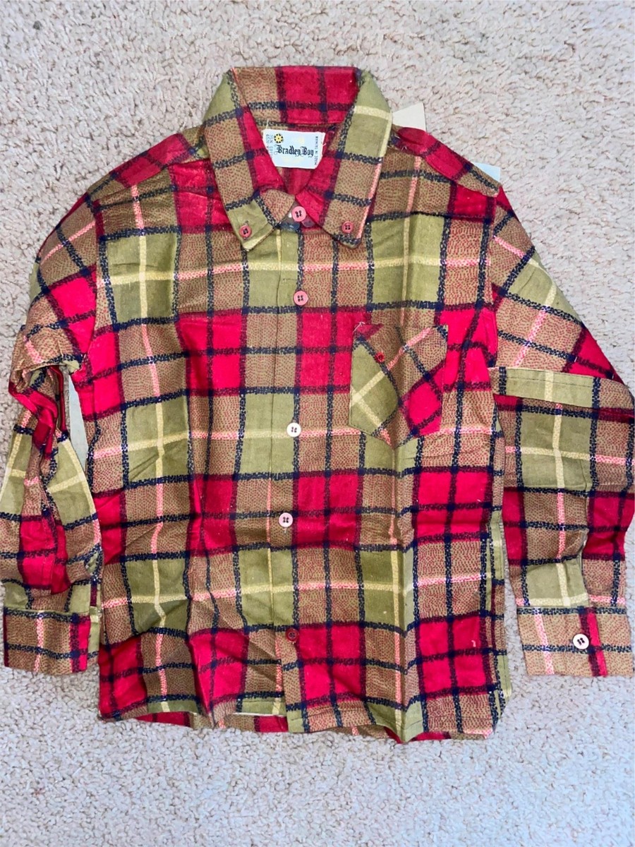 VTG 60S BOYS KIDS 10 COTTON RAYON FLANNEL STRIPE PLAID LONG SLEEVE 