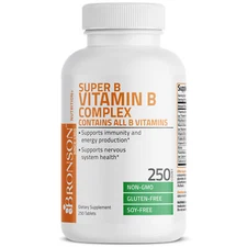 Bronson Vitamin B Complex (B1, B2, B3, B6, B9 - Folic Acid, B12), 250 Tablets