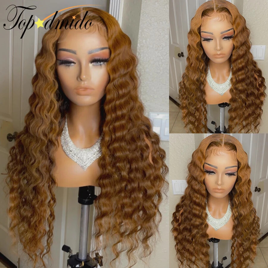 Honey Blonde Deep Wave Lace Front Wig Remy Human Hair Glueless 4x4 Closure