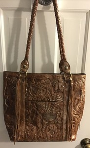 Patricia Nash Tooled Brown & Gold Leather Braided Handle Tote Handbag