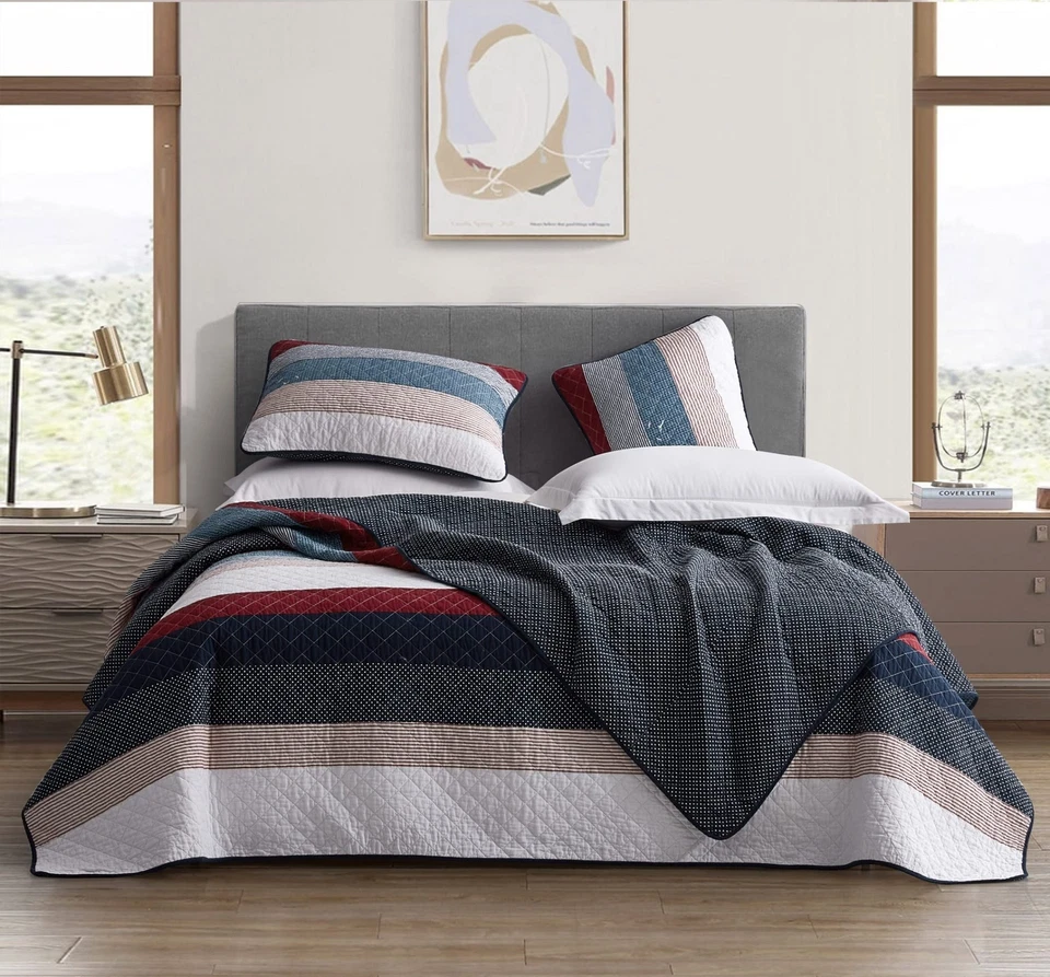 Chezmoi Collection Harlon 3-Piece Modern Patchwork Striped Quilt Set - Solid ... - Image 2 of 4