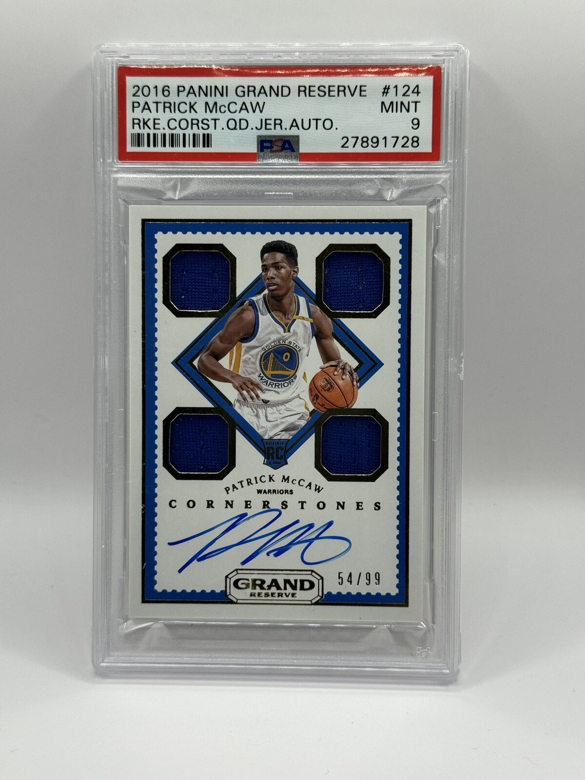 2016 Grand Reserve Patrick McCaw RC Cornerstones Quad Auto Jersey 54/99 PSA 9