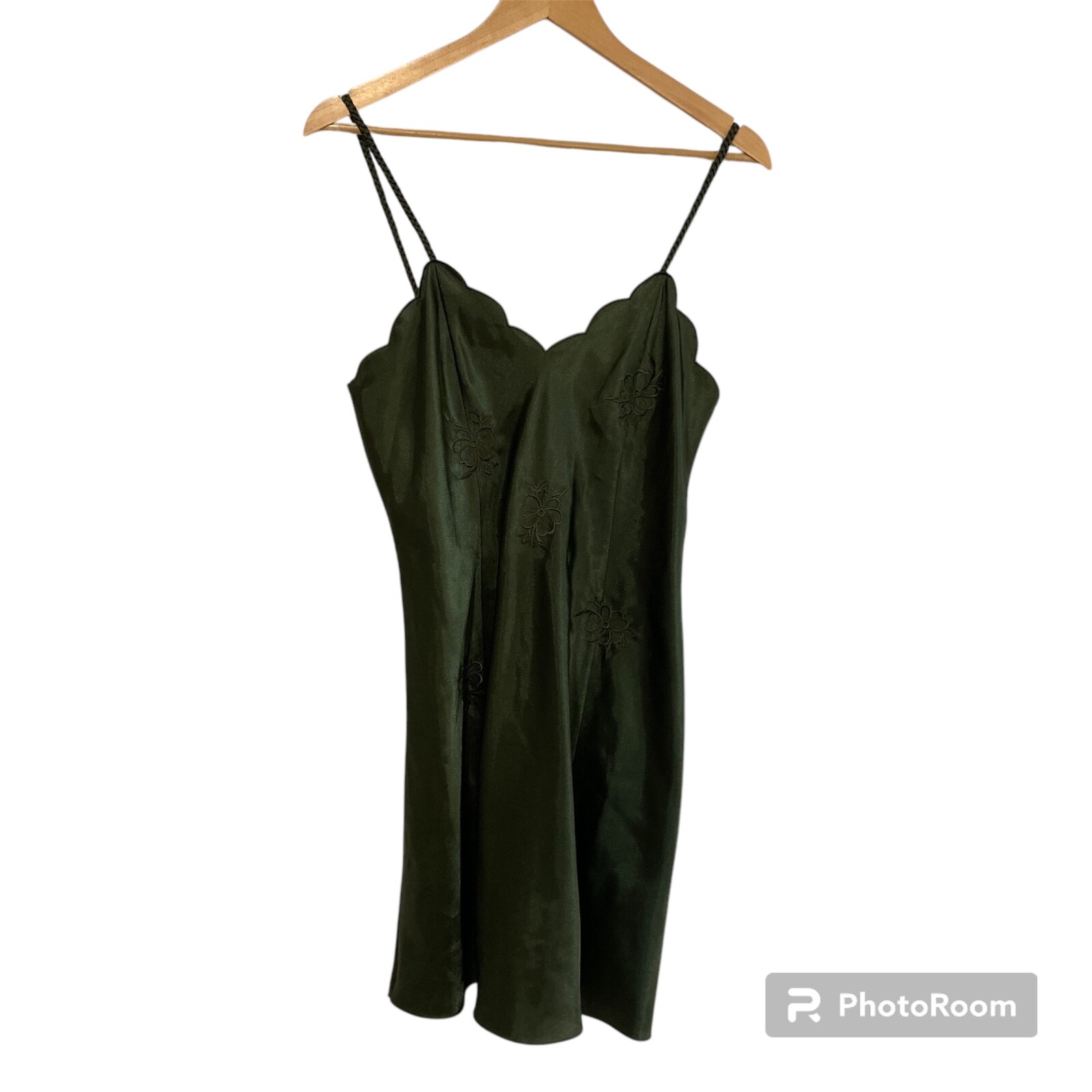 Erika Taylor Intimates Nighty Satin Green Slip Dress Size S Vintage Scalloped