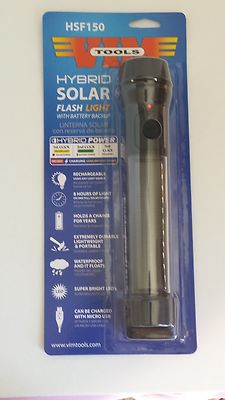 New! VIM Hybrid Solar Flashlight w/Rechargeable Battery Backup 150 Lumens HSF150