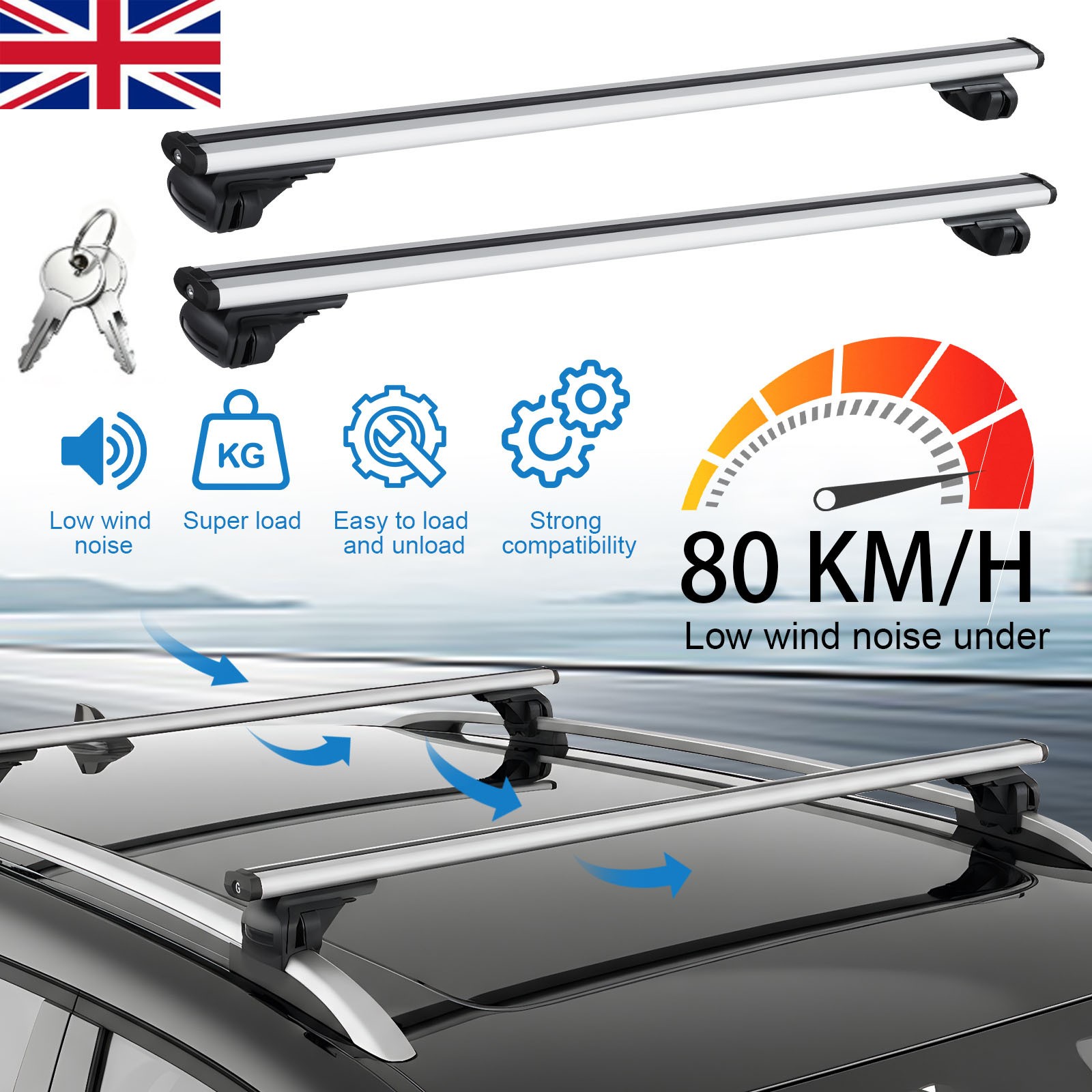 120cm Lockable Aluminium Car Roof Rack Rail Bars for Cars with Roof Rails Raised
