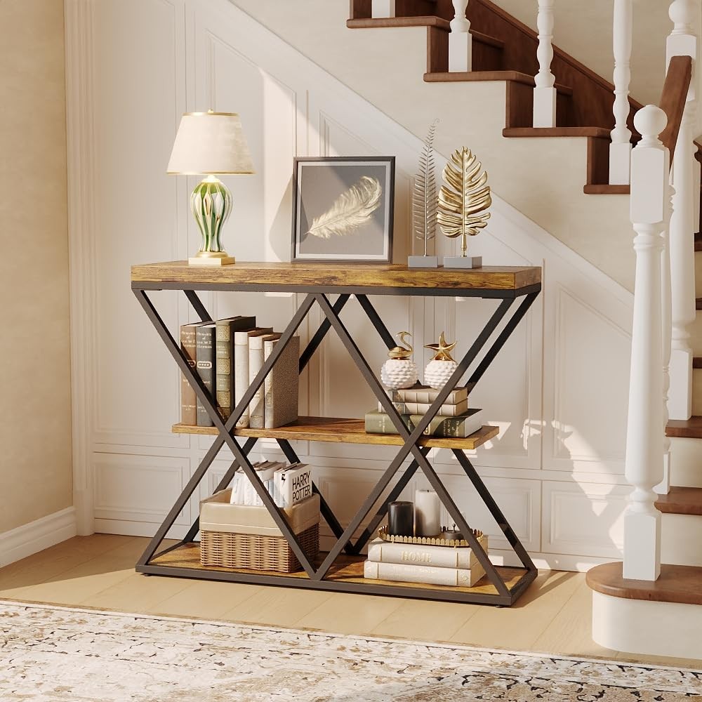 3-Tier Console Table with Open Storage Shelves X-Frame Sofa Table