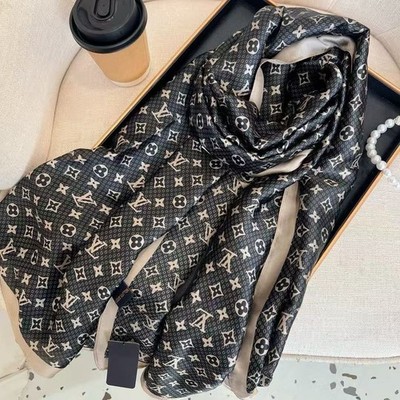 LOUIS VUITTON SCARF SHAWL AUTHENTIC 100% SILK BLACK BROWN CLASSIC LOGO