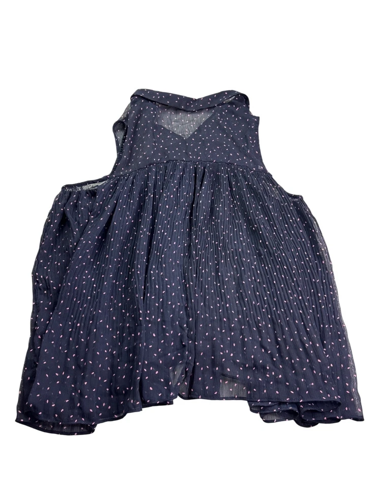 LC Lauren Conrad Sleeveless Pleated Top L Sheer Navy Blue Pink Abstract Dots - Image 3 of 4