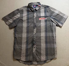 Red Bull Shirt Adult Small Beige Plaid Logo Button Up Short Sleeve Casual Mens.