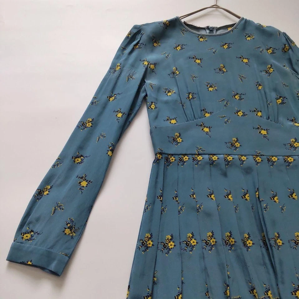 Mini Vestido Miumiu Manga Larga Floral Seda Plisado, Azul, Talla 36 Hecho en Italia Foto 4 de 4