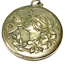 Large Antique Sterling Art Nouveau Locket Lady Dove & Flowers Repousse Pendant