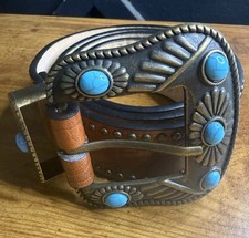 Western-Leather-Belts for Women Turquoise-Oval-Buckle Embossed Cowgirl Belt 39in