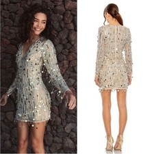 Mac Duggal 93850 Long Sleeve Beaded Fringe Plunge Neck Dress Size 6 NWT Nude