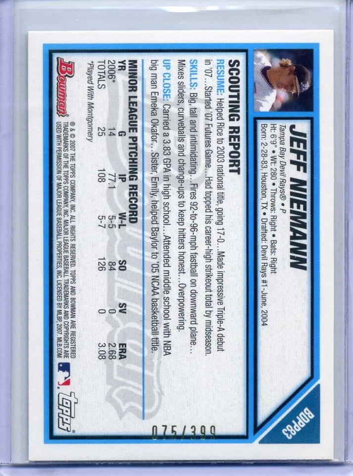 JEFF NIEMANN 2007 Bowman Draft BLUE BORDER #75/399 - DEVIL RAYS - Image 2 of 2