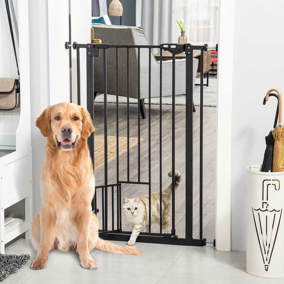Auto Close Extra Tall Dog Pet Safety Gate w Cat Door for Doorways