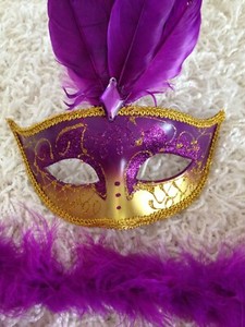 Adult Halloween Costume Bling Purple & Gold Mardi Gras Mask & Feather Boa