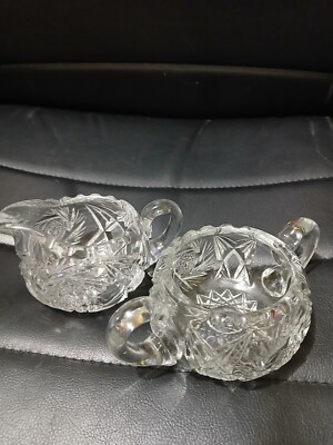 Vintage American Cut Crystal Brilliant Pinwheel Creamer & Sugar Bowl