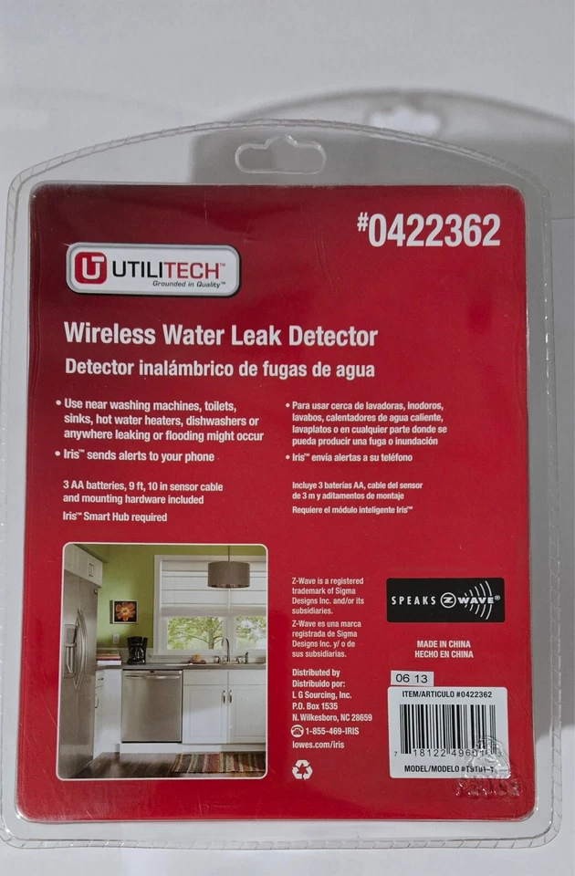 NEW SEALED Utilitech Wireless Water Leak Detector Flood Sensor Kit 0422362 ZWave - Image 2 of 2